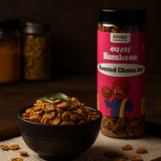 Bowl of roasted chana with Ayuda Namkeen packaging on a wooden surface